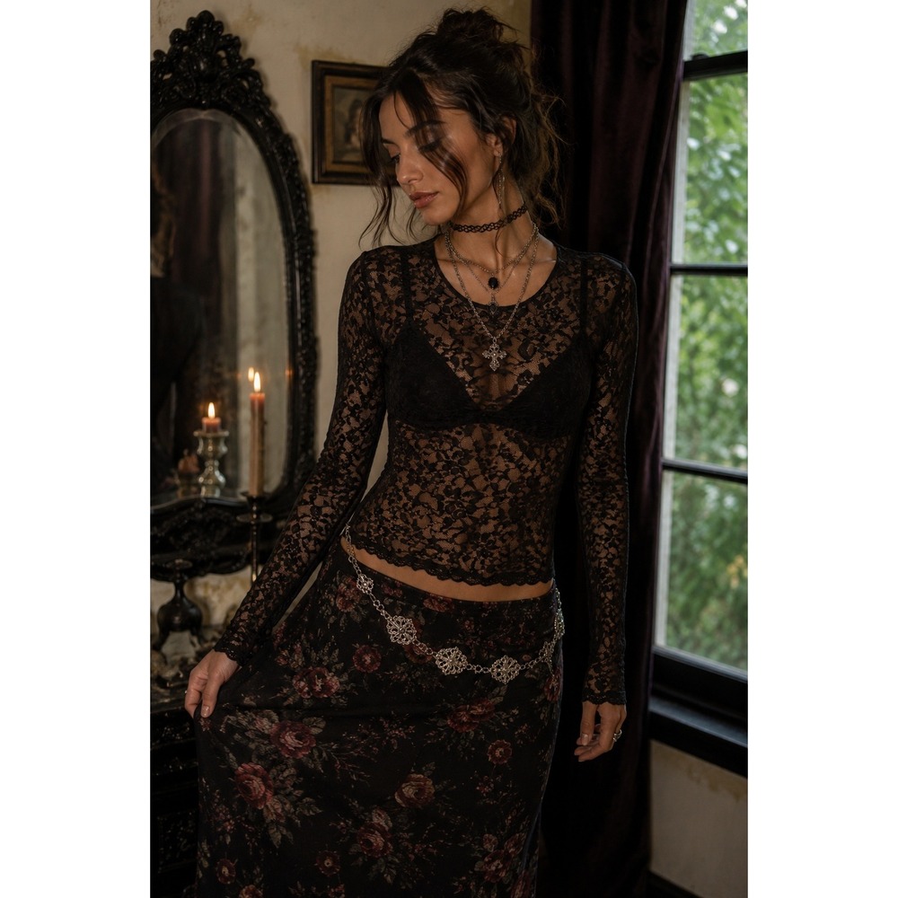 Lady Noiz Black Floral Lace Sheer Top 90s Whimsygoth Romantic Goth